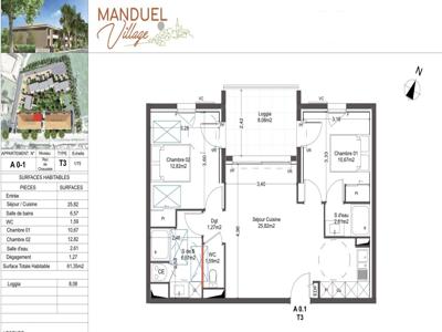 Appartement 3 pièces de 61 m² à Manduel (30129)