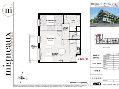 Vente appartement 3 pièces 58.4 m²